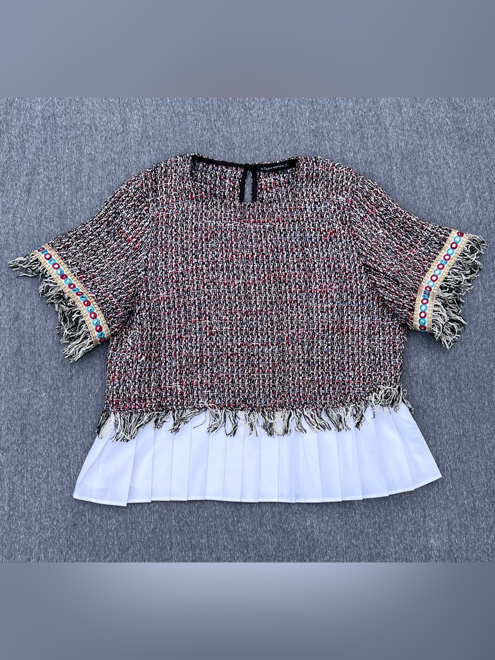 Zara Tweed Blouse - Women’s Large - Pleated Top, Key Hole Back, Fringe Sleeve